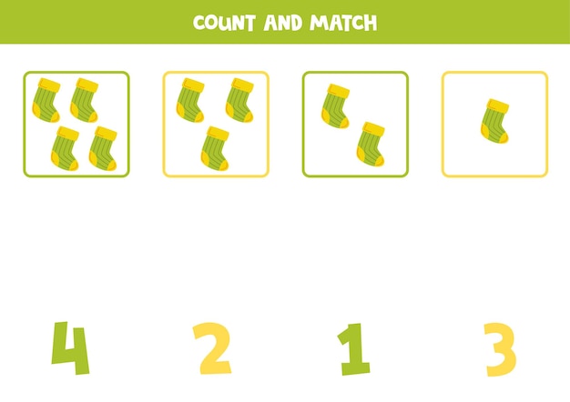 子供のための数を数えるゲーム 緑の靴下をすべて数え、数字と一致させます 子供のためのワークシート