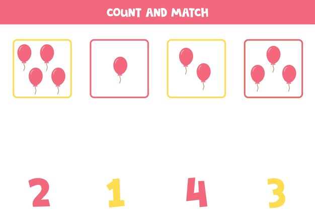 子供のためのカウントゲームすべてのピンクの風船を数え、数字と一致させる子供のためのワークシート
