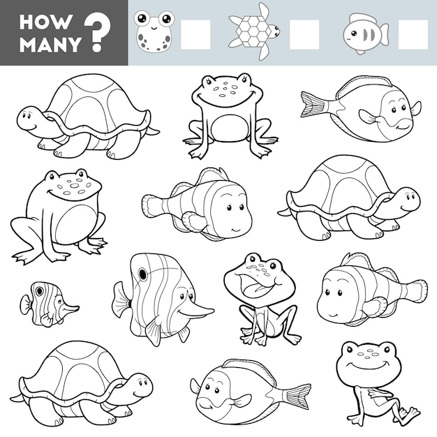 어린이를 위한 숫자 세기 게임 교육 수학 페이지 거북이 개구리 물고기 수를 세고 결과를 씁니다.