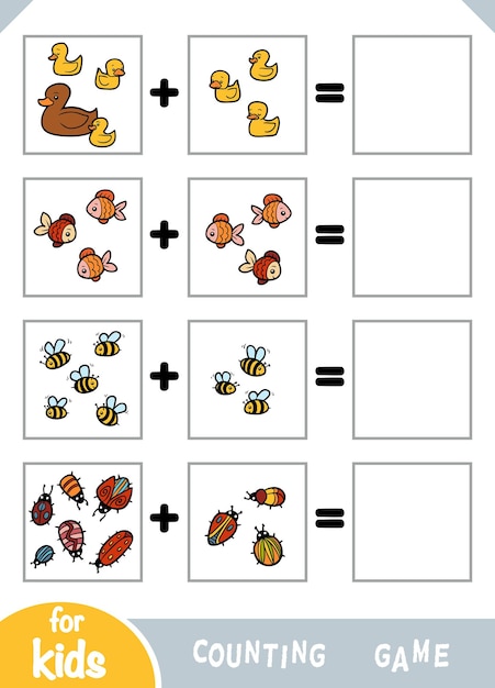 就学前の子供のための数を数えるゲーム 絵の中の動物を数え、結果を書く 足し算のワークシート