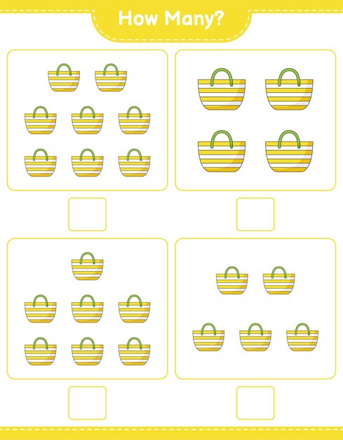 カウントゲーム、ビーチバッグの数。教育的な子供向けゲーム、印刷可能なワークシート