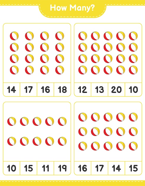 カウントゲーム、ビーチボールの数。教育的な子供向けゲーム、印刷可能なワークシート