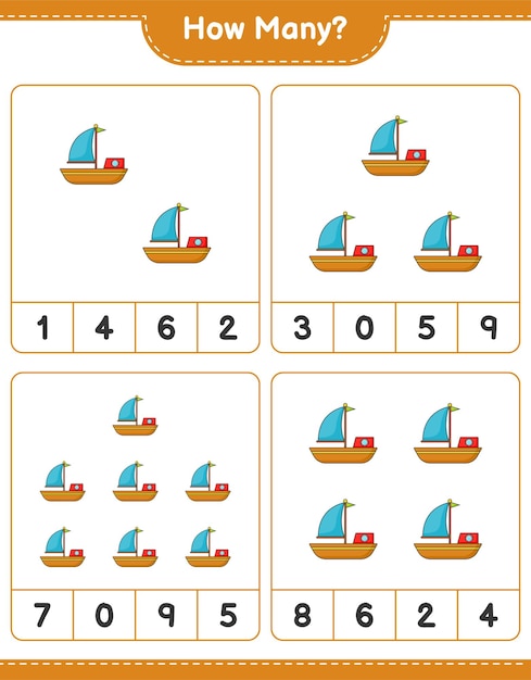 カウントゲーム何人のボート教育の子供たちのゲーム印刷可能なワークシートベクトル図