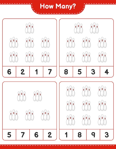 계산 게임 얼마나 많은 볼링 핀 교육 어린이 게임 인쇄용 워크 시트