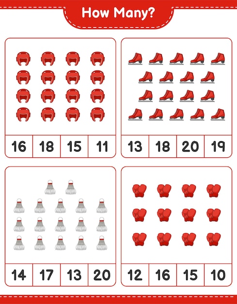 Counting game how many boxing gloves shuttlecock boxing helmet\
and ice skates