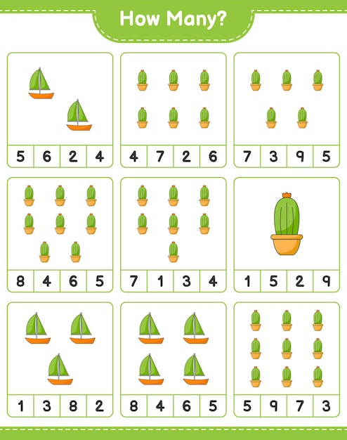 Counting game, how many Cactus. Educational children game, printable worksheet