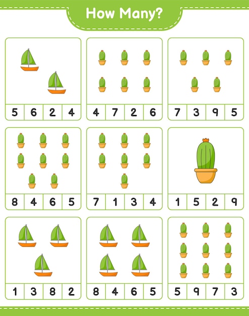 Conteggio del gioco, quanti cactus. gioco educativo per bambini, foglio di lavoro stampabile