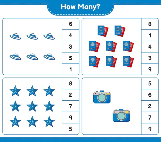 Counting game, how many Camera, Summer Hat, Starfish, and Passport. Educational children game, printable worksheet 