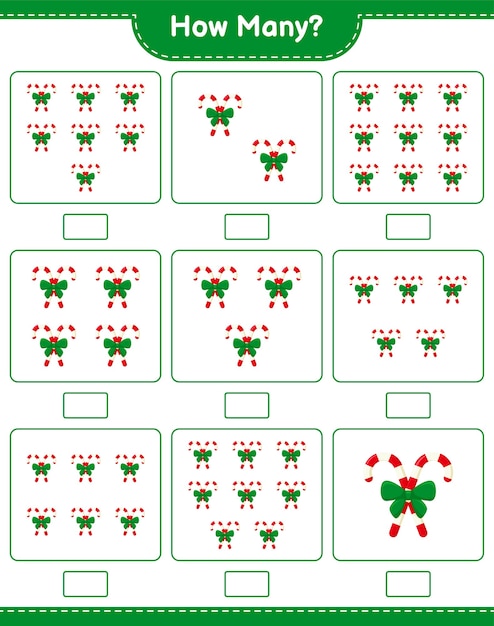 ゲームを数える、リボン付きキャンディケインの数。教育的な子供向けゲーム、印刷可能なワークシート、イラスト