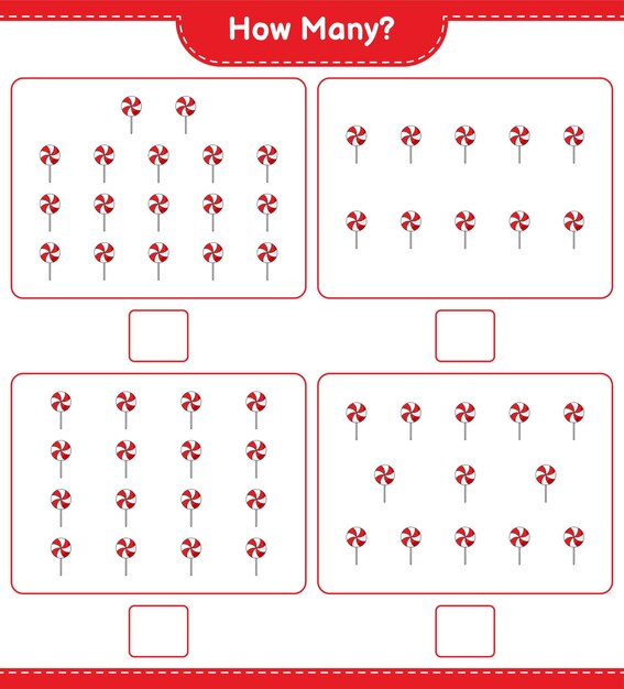 계산 게임, 얼마나 많은 사탕. 교육용 어린이 게임, 인쇄 가능한 워크 시트