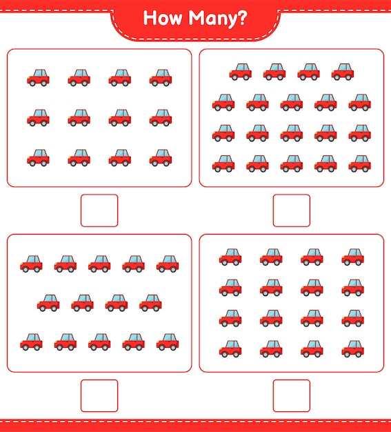 Conteggio del gioco quante car educational bambini gioco stampabile foglio di lavoro illustrazione vettoriale