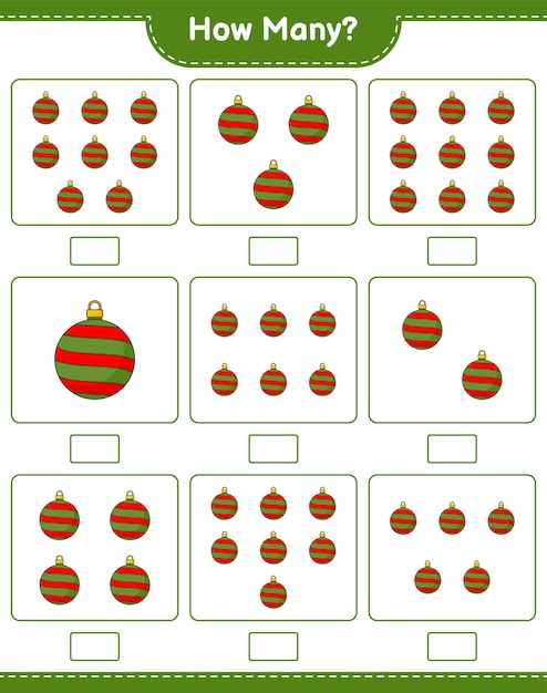 Gioco di conteggio, quante palle di natale. gioco educativo per bambini, foglio di lavoro stampabile, illustrazione vettoriale