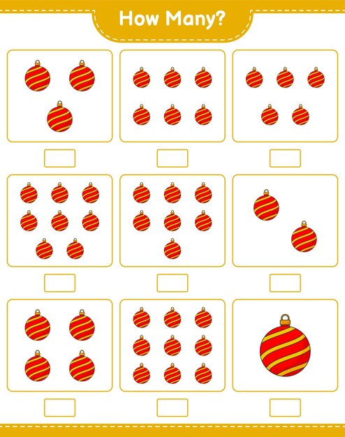 Gioco di conteggio, quante palle di natale. gioco educativo per bambini, foglio di lavoro stampabile, illustrazione vettoriale