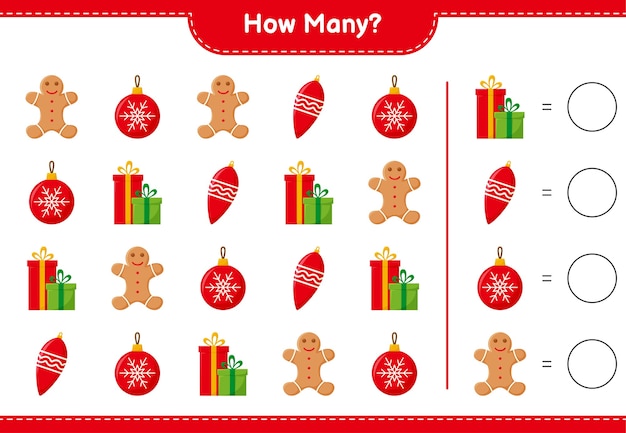 Counting game, how many christmas decoration educational children game, printable worksheet,  illustration