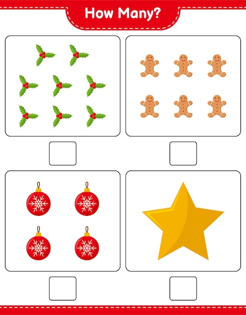 Counting game, how many christmas decoration educational children game, printable worksheet,