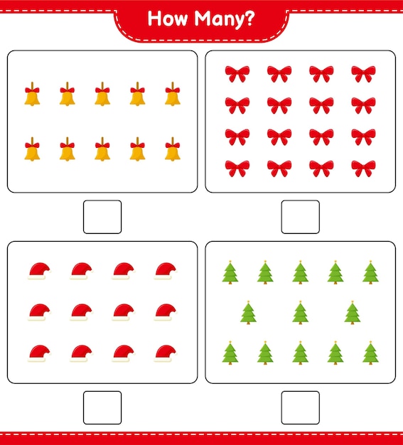 Counting game, how many christmas decoration educational children game, printable worksheet, 