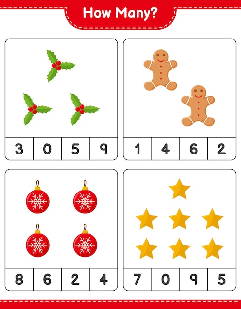 계산 게임, 얼마나 많은 크리스마스 장식 교육 어린이 게임, 인쇄 가능한 워크 시트