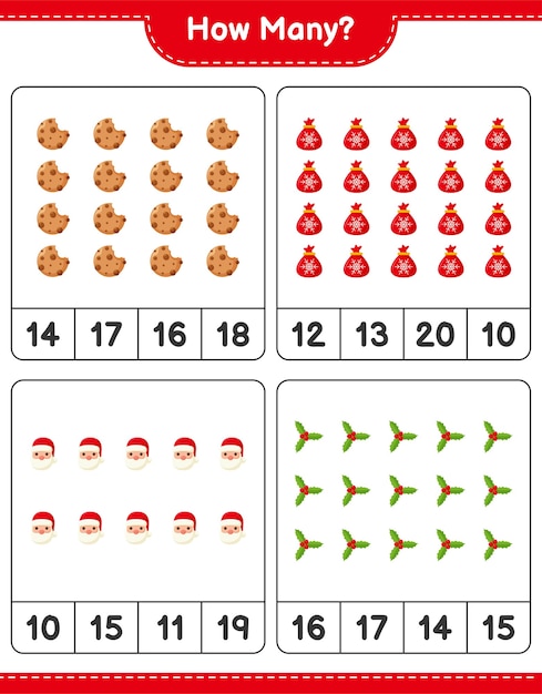 Counting game, how many christmas decoration educational children game, printable worksheet