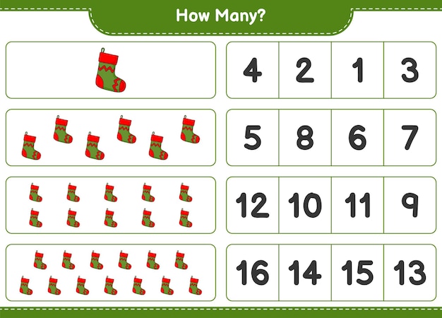 Counting game, how many Christmas Sock. Educational children game, printable worksheet, vector illustration