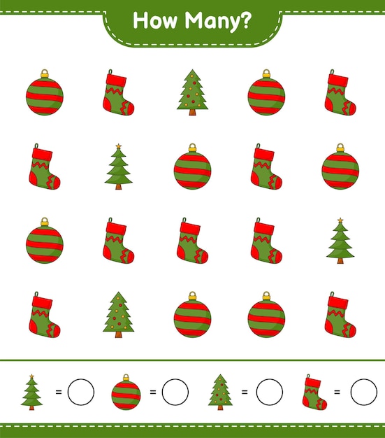 Counting game, how many christmas tree, christmas ball, and christmas sock. educational children game, printable worksheet, vector illustration