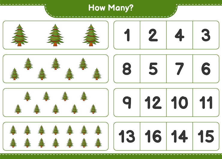 Vector counting game, how many christmas tree. educational children game, printable worksheet, vector illustration