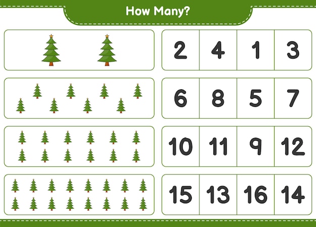 Counting game, how many Christmas Tree. Educational children game, printable worksheet, vector illustration