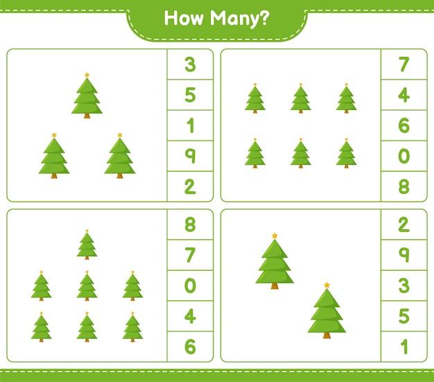 Counting game, how many christmas tree. educational children game, printable worksheet,