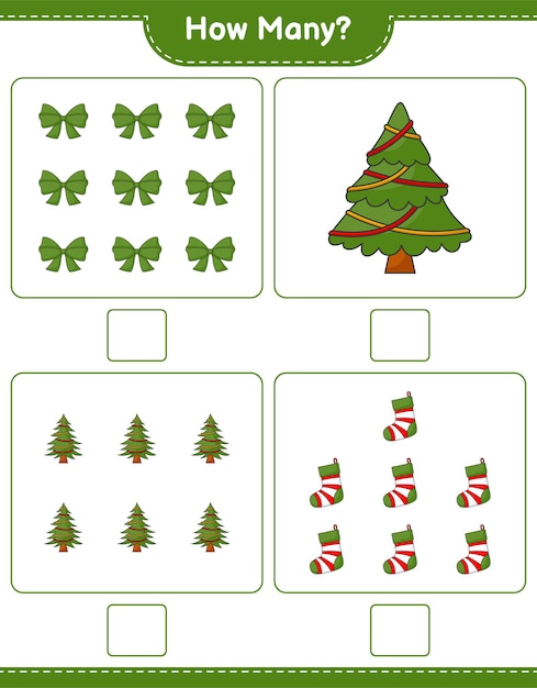 Gioco di conteggio, quanti albero di natale, fiocco e calzino di natale. gioco educativo per bambini, foglio di lavoro stampabile, illustrazione vettoriale