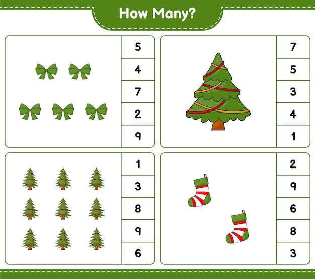 カウントゲーム、クリスマスツリー、リボン、クリスマスソックスの数。教育的な子供たちのゲーム、印刷可能なワークシート、ベクトル図