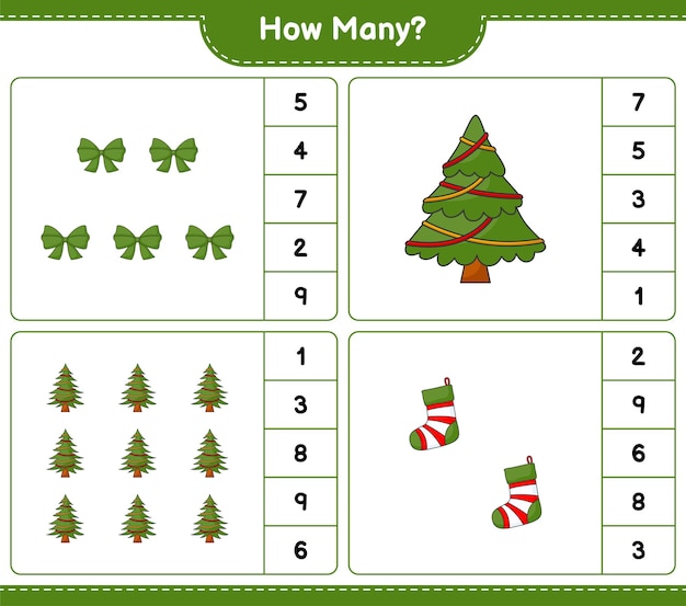 세는 게임, 얼마나 많은 크리스마스 트리, 리본 및 크리스마스 양말. 교육 어린이 게임, 인쇄용 워크시트, 벡터 일러스트 레이 션