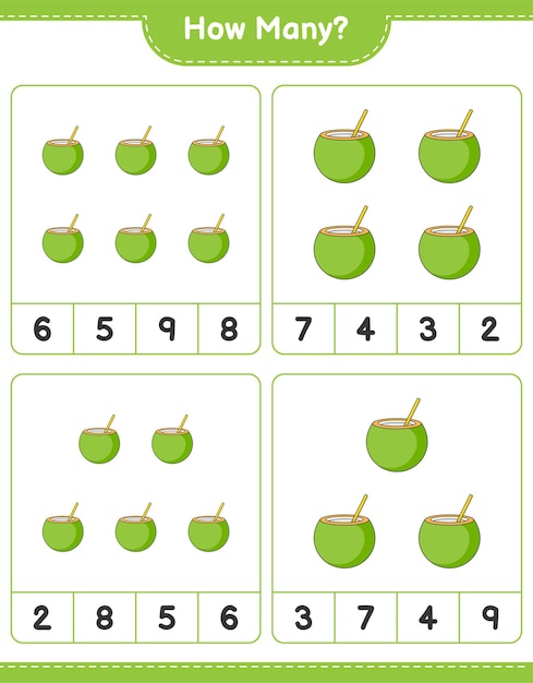 Counting game, how many coconut. educational children game, printable worksheet