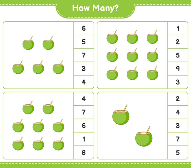 Counting game, how many coconut. educational children game, printable worksheet
