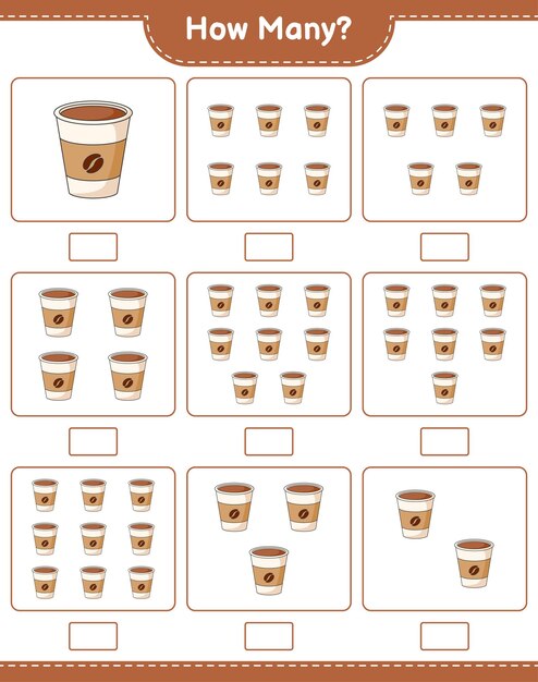 Counting game, how many Coffee Cup. Educational children game, printable worksheet, vector illustration