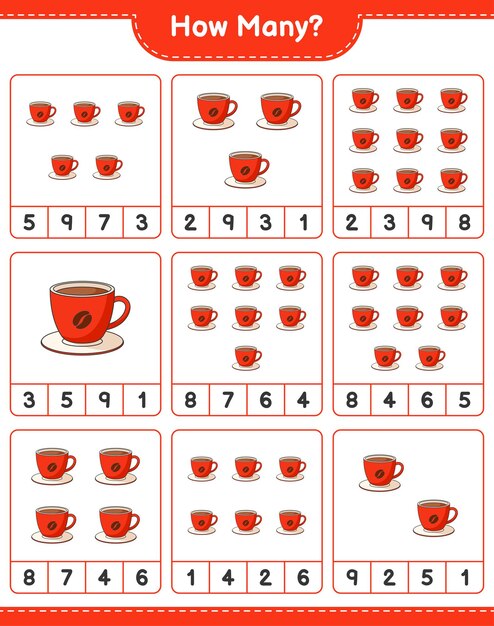 Conteggio del gioco, quante tazzine da caffè. gioco educativo per bambini, foglio di lavoro stampabile, illustrazione vettoriale