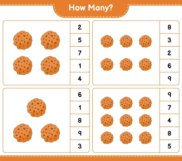 계산 게임, 얼마나 많은 쿠키. 교육 어린이 게임, 인쇄용 워크시트, 벡터 일러스트 레이 션