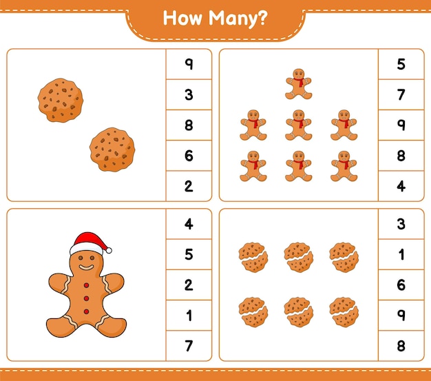 Counting game, how many Cookies and Gingerbread Man. Educational children game, printable worksheet, vector illustration