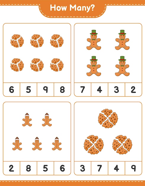 Counting game, how many Cookies and Gingerbread Man. Educational children game, printable worksheet, vector illustration