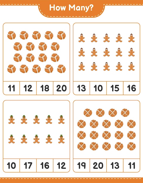 Counting game, how many cookies and gingerbread man. educational children game, printable worksheet, vector illustration