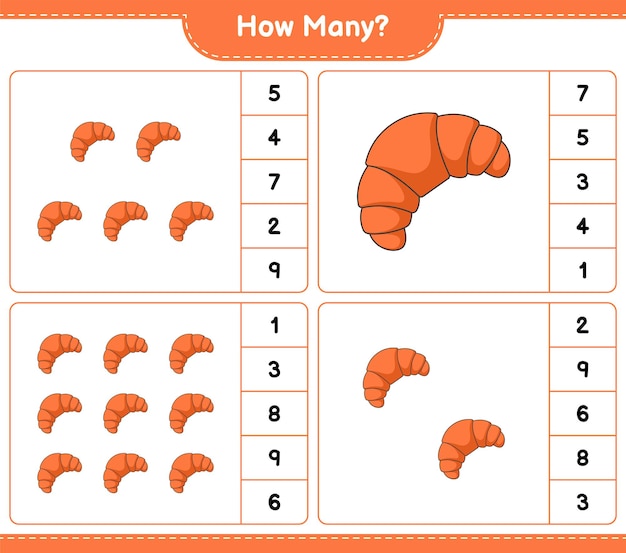 Counting game, how many croissant. educational children game, printable worksheet, vector illustration