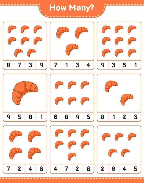 Counting game, how many Croissant. Educational children game, printable worksheet, vector illustration