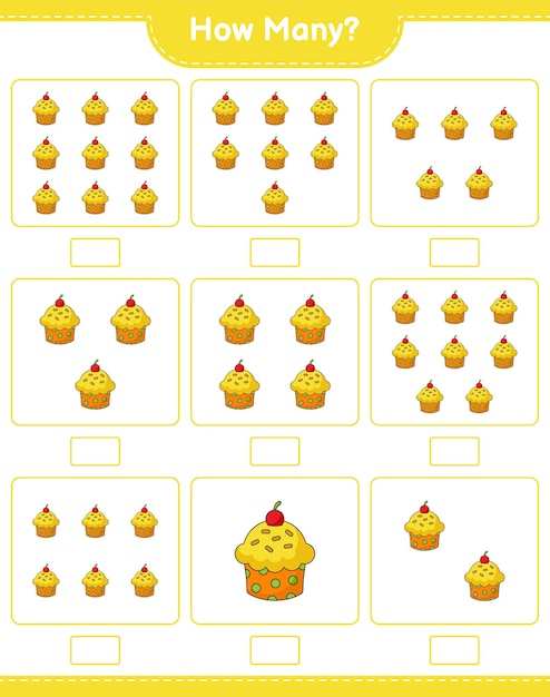 Conteggio del gioco, quanti cup cake. gioco educativo per bambini, foglio di lavoro stampabile