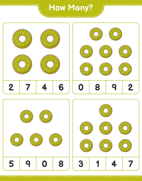 Conteggio del gioco, quanti donut. gioco educativo per bambini, foglio di lavoro stampabile, illustrazione vettoriale