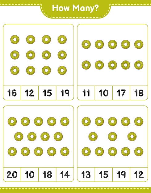 계산 게임, 얼마나 많은 도넛. 교육 어린이 게임, 인쇄용 워크시트, 벡터 일러스트 레이 션