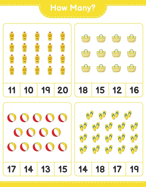 カウントゲーム、フリップフロップ、ビーチボール、日焼け止め、ビーチバッグの数。教育的な子供向けゲーム、印刷可能なワークシート