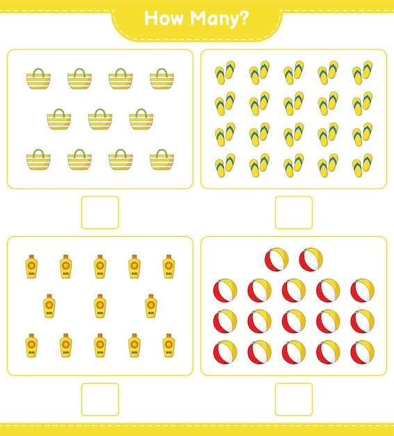 Counting game, how many Flip Flop, Beach Ball, Sunscreen, and Beach Bag. Educational children game, printable worksheet 