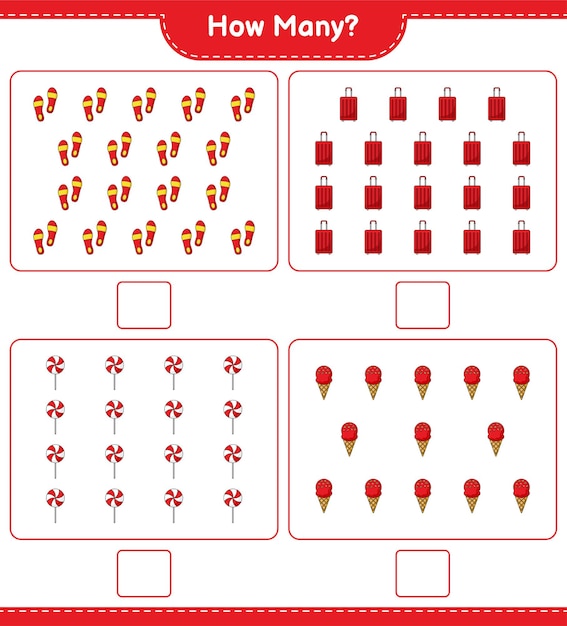 Подсчет игры, сколько шлепанцев, дорожных сумок, конфет и мороженого. развивающая детская игра, лист для печати