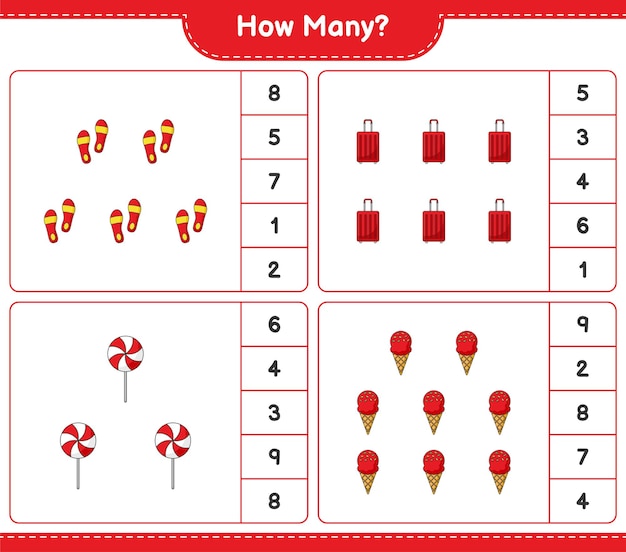 Counting game, how many Flip Flop, Travel Bag, Candy, and Ice Cream. Educational children game, printable worksheet 