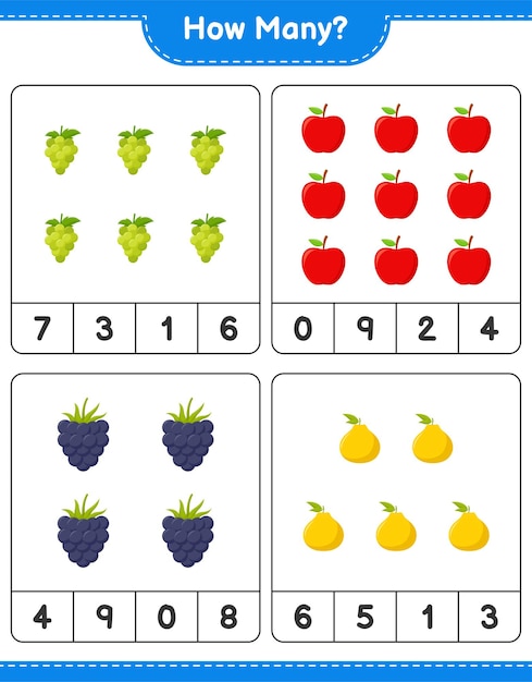 Подсчет игры, сколько фруктов. Развивающая детская игра, лист для печати, иллюстрация