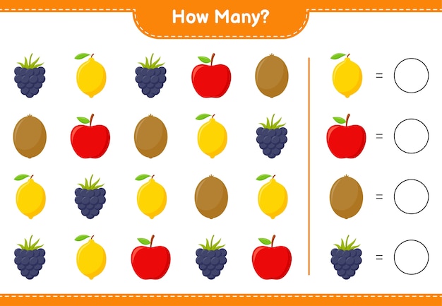 Counting game, how many fruits educational children game, printable worksheet