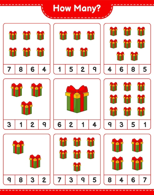 Counting game, how many Gift Box. Educational children game, printable worksheet, vector illustration